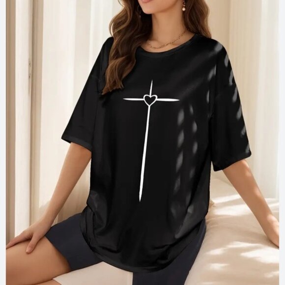 None Tops - Nwot Long Black Short Sleeve Tee With White Cross And Heart